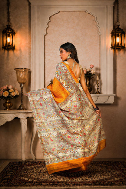 Mustard Yellow color, 100% pure Tussar Silk, Madhubani Print Saree