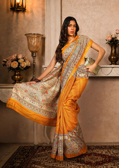 Mustard Yellow color, 100% pure Tussar Silk, Madhubani Print Saree