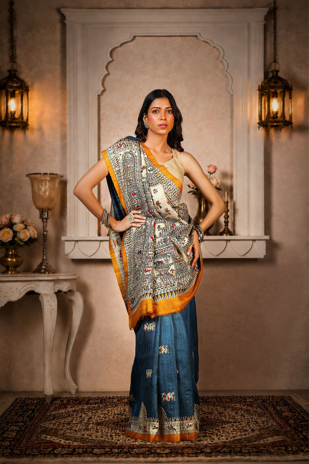 Blue with Mustard Yellow border, 100% pure Tussar Silk, Worli Print Saree