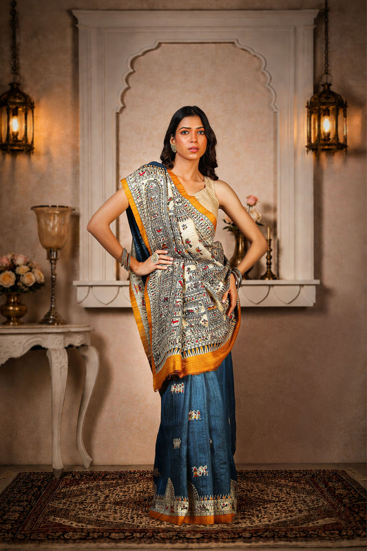 Blue with Mustard Yellow border, 100% pure Tussar Silk, Worli Print Saree