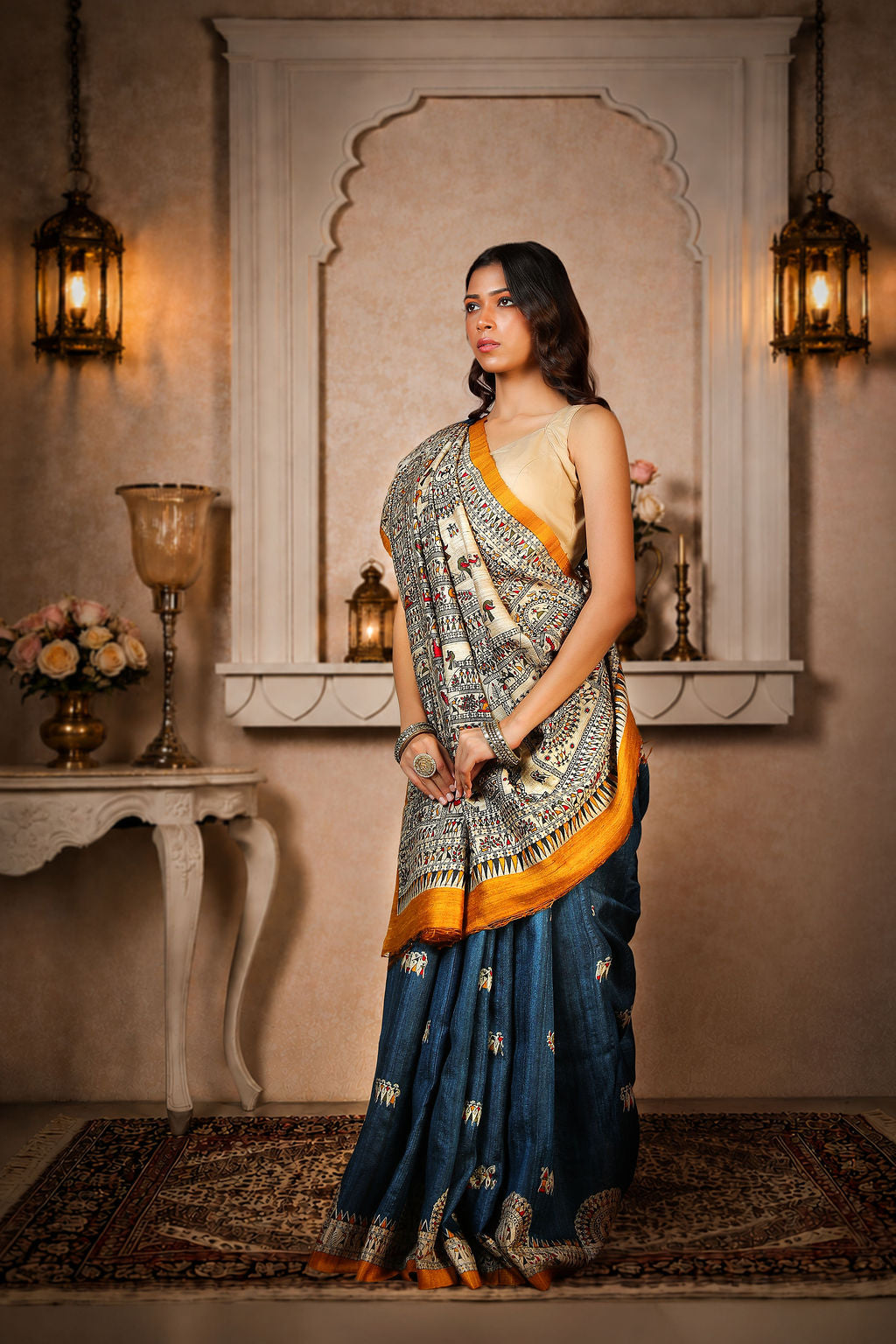 Blue with Mustard Yellow border, 100% pure Tussar Silk, Worli Print Saree
