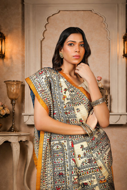 Blue with Mustard Yellow border, 100% pure Tussar Silk, Worli Print Saree