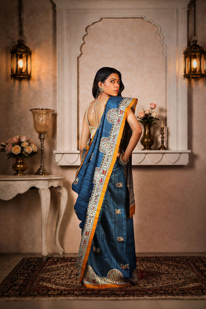 Blue with Mustard Yellow border, 100% pure Tussar Silk, Worli Print Saree