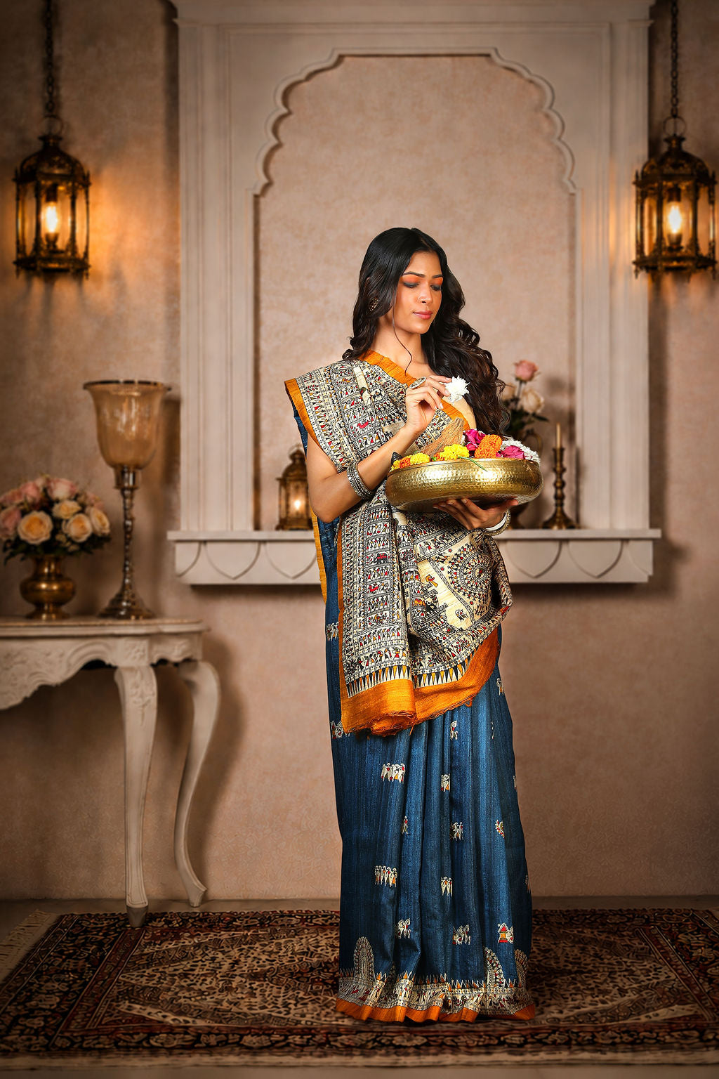 Blue with Mustard Yellow border, 100% pure Tussar Silk, Worli Print Saree