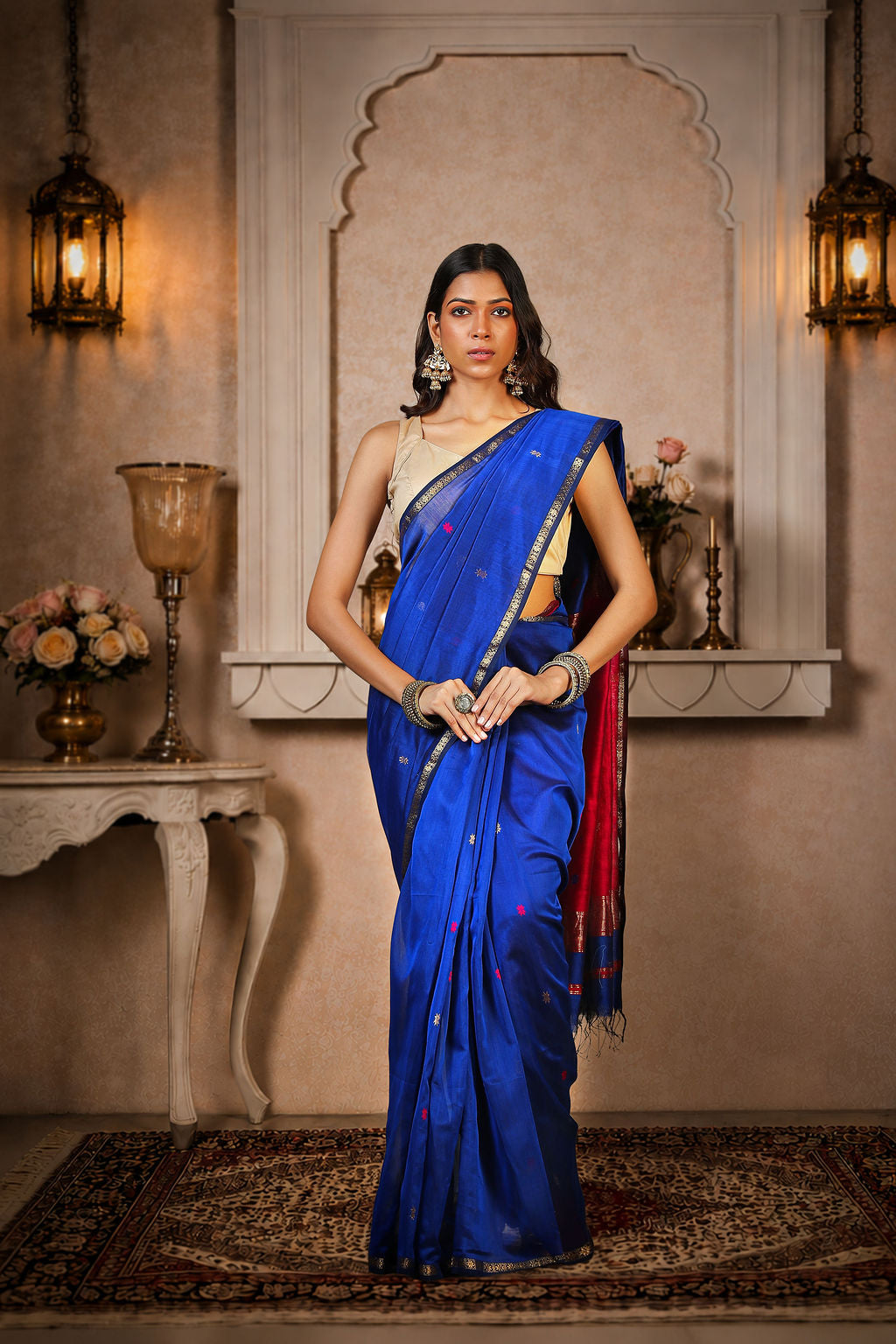 Small zari border, star booti saree, cotton silk, color-Royal blue/Magenta