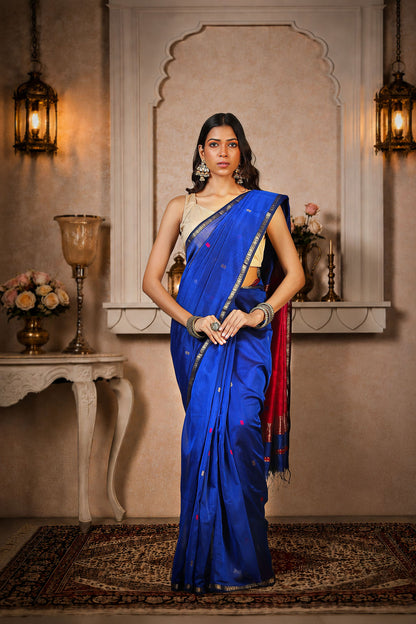 Small zari border, star booti saree, cotton silk, color-Royal blue/Magenta
