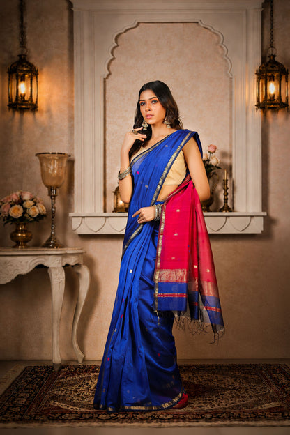 Small zari border, star booti saree, cotton silk, color-Royal blue/Magenta