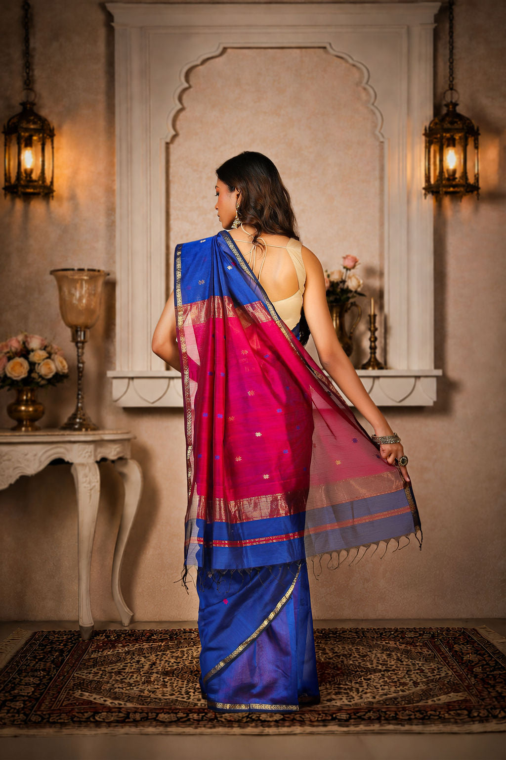 Small zari border, star booti saree, cotton silk, color-Royal blue/Magenta