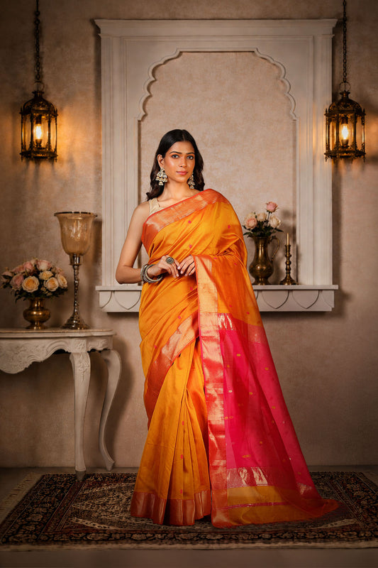 Zig-Zag border Saree with small flower booti, cotton/silk
