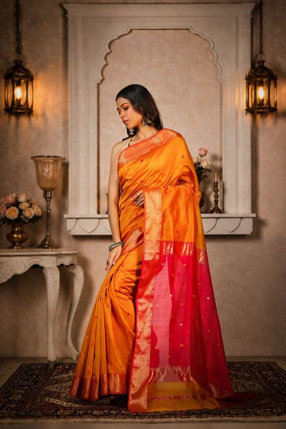 Zig-Zag border Saree with small flower booti, cotton/silk