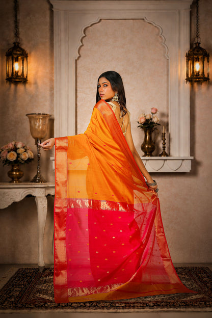 Zig-Zag border Saree with small flower booti, cotton/silk