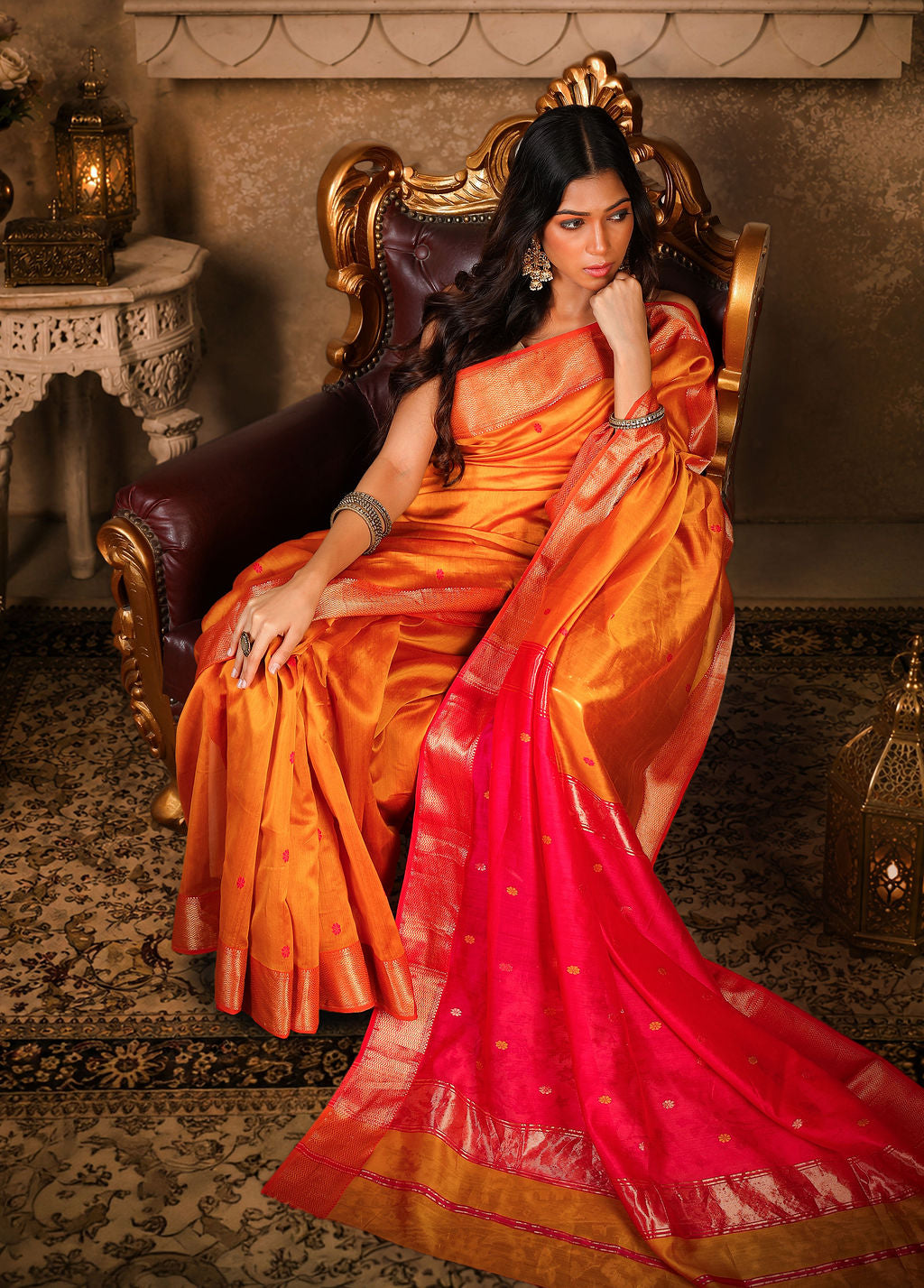 Zig-Zag border Saree with small flower booti, cotton/silk