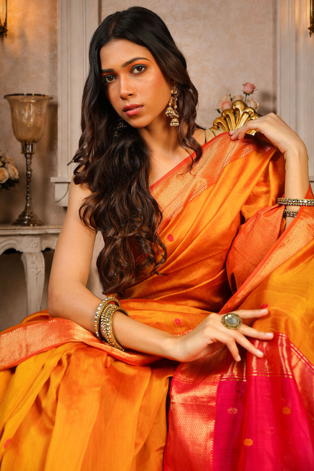 Zig-Zag border Saree with small flower booti, cotton/silk