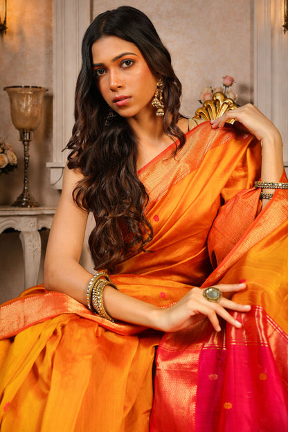 Zig-Zag border Saree with small flower booti, cotton/silk