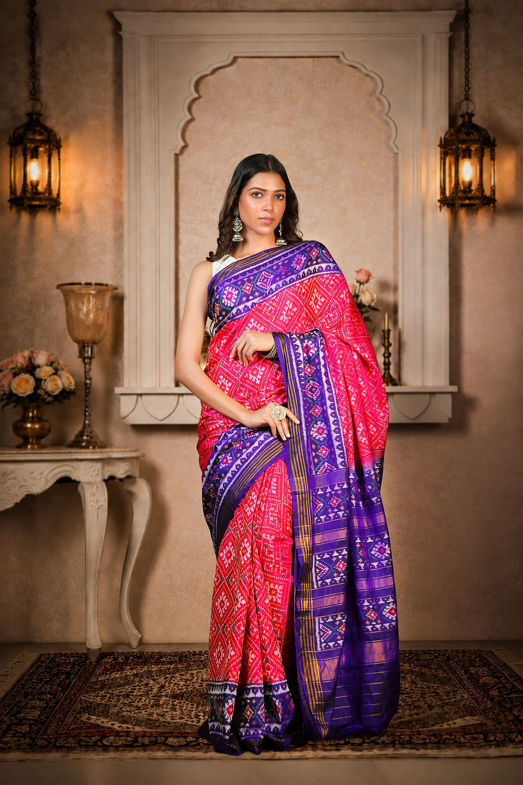 chanda baad Patola Saree, Mulberry Silk, Color-Pink with Blue Aanchal