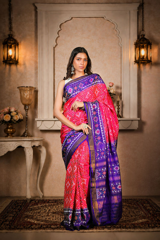 chanda baad Patola Saree, Mulberry Silk, Color-Pink with Blue Aanchal