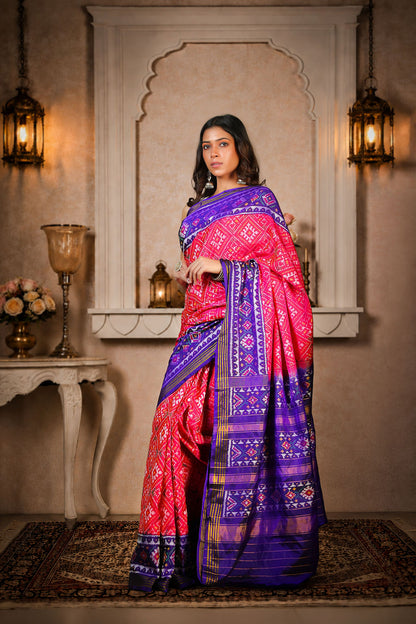 chanda baad Patola Saree, Mulberry Silk, Color-Pink with Blue Aanchal