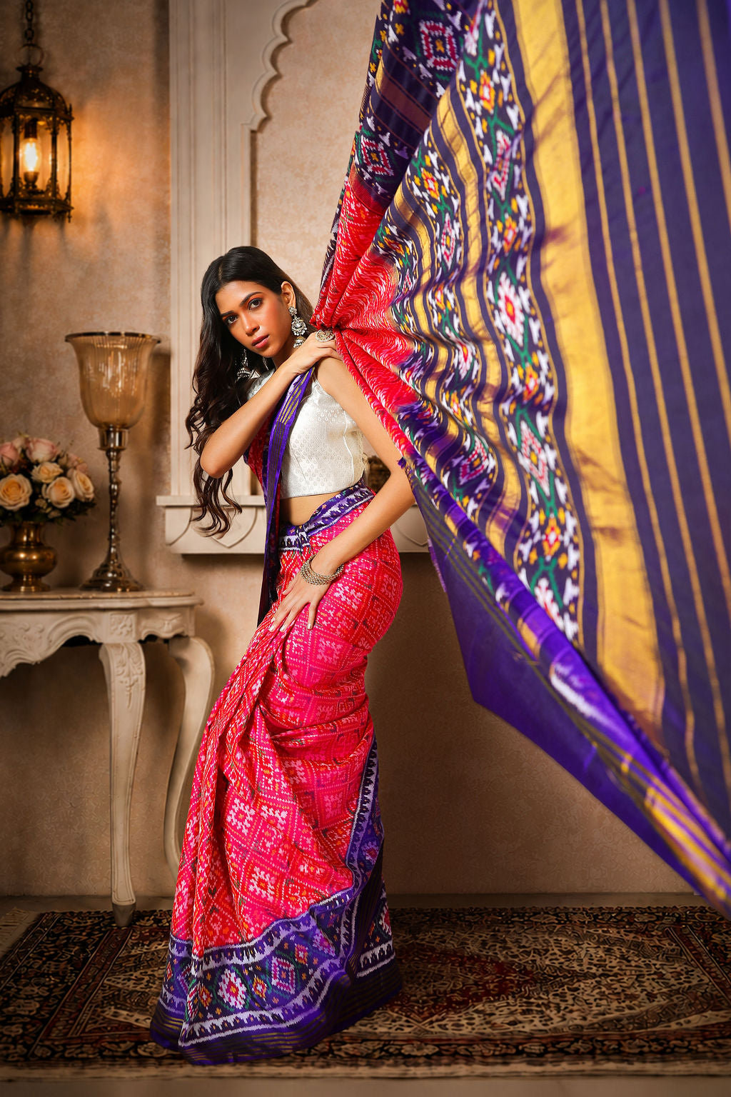 chanda baad Patola Saree, Mulberry Silk, Color-Pink with Blue Aanchal