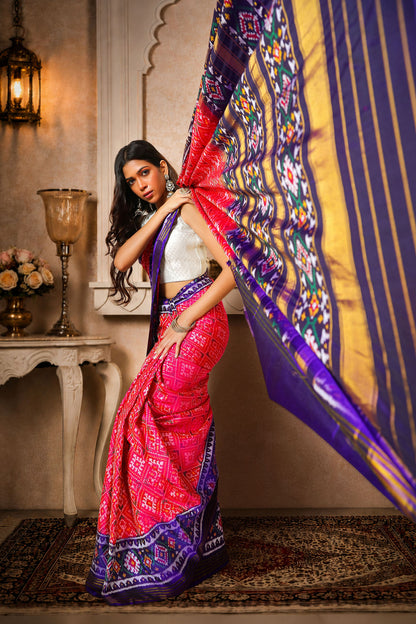 chanda baad Patola Saree, Mulberry Silk, Color-Pink with Blue Aanchal