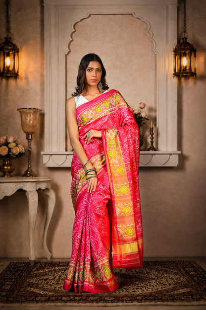 Manekchauk Patola Saree, Mulberry Silk, Color-Dark Pink
