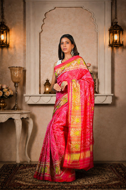 Manekchauk Patola Saree, Mulberry Silk, Color-Dark Pink