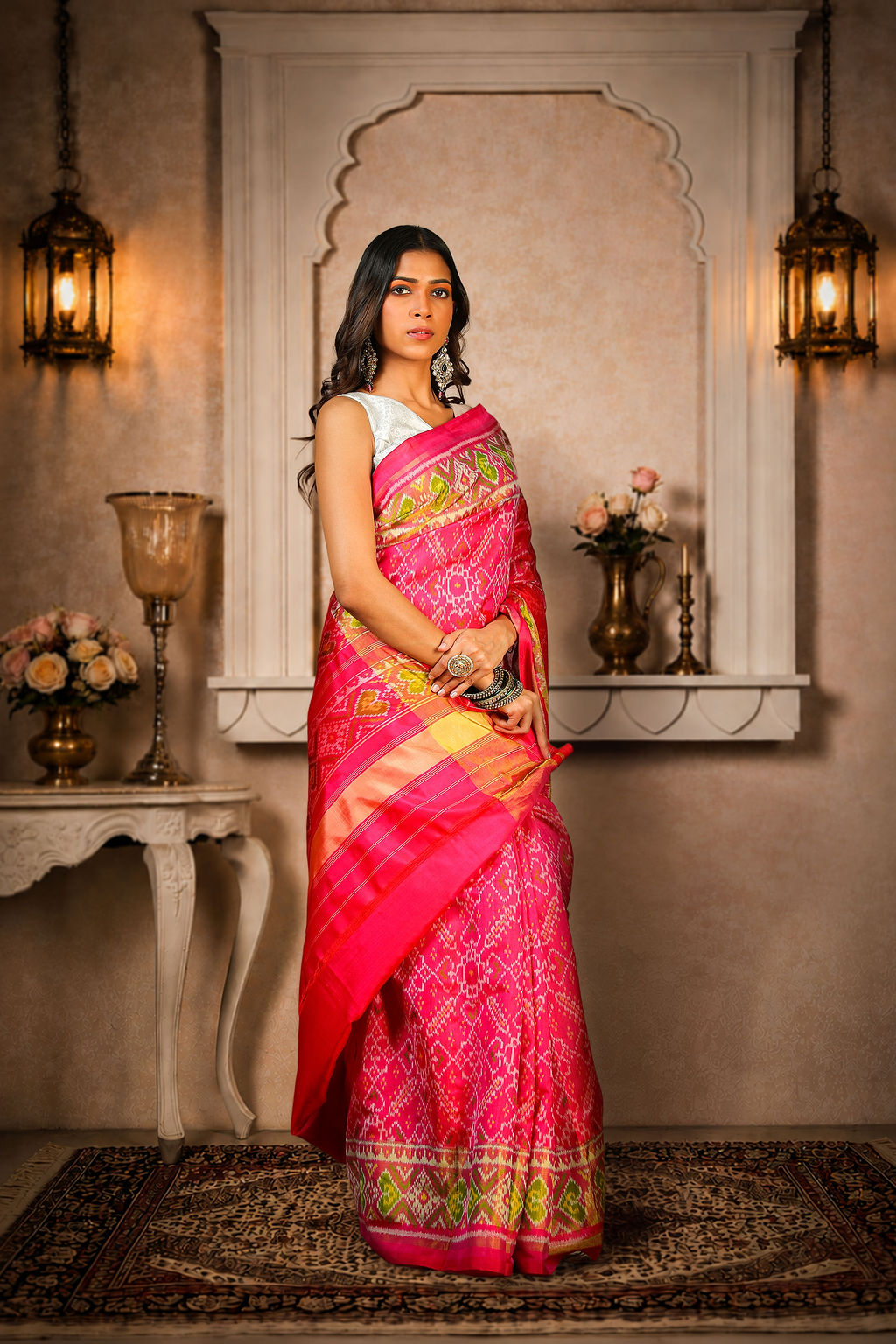 Manekchauk Patola Saree, Mulberry Silk, Color-Dark Pink