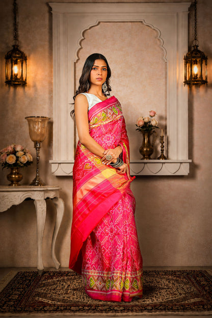 Manekchauk Patola Saree, Mulberry Silk, Color-Dark Pink