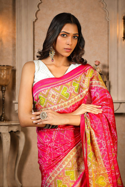 Manekchauk Patola Saree, Mulberry Silk, Color-Dark Pink