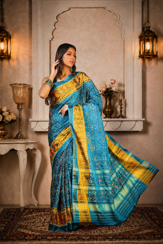 Naari Kunjar Thambli Patola Saree, Mulberry Silk, Color-Teal