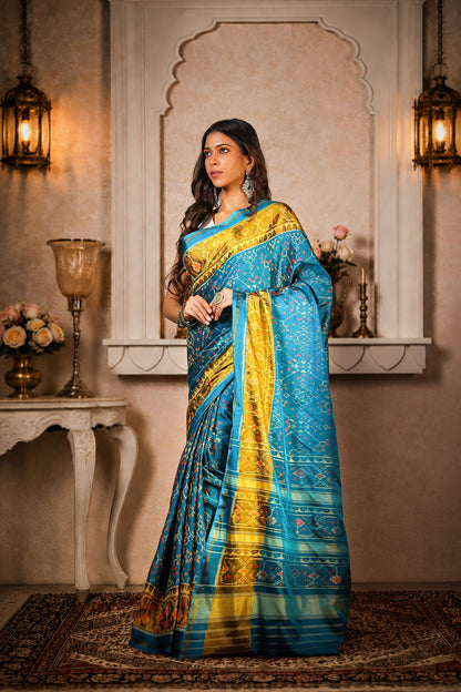 Naari Kunjar Thambli Patola Saree, Mulberry Silk, Color-Teal