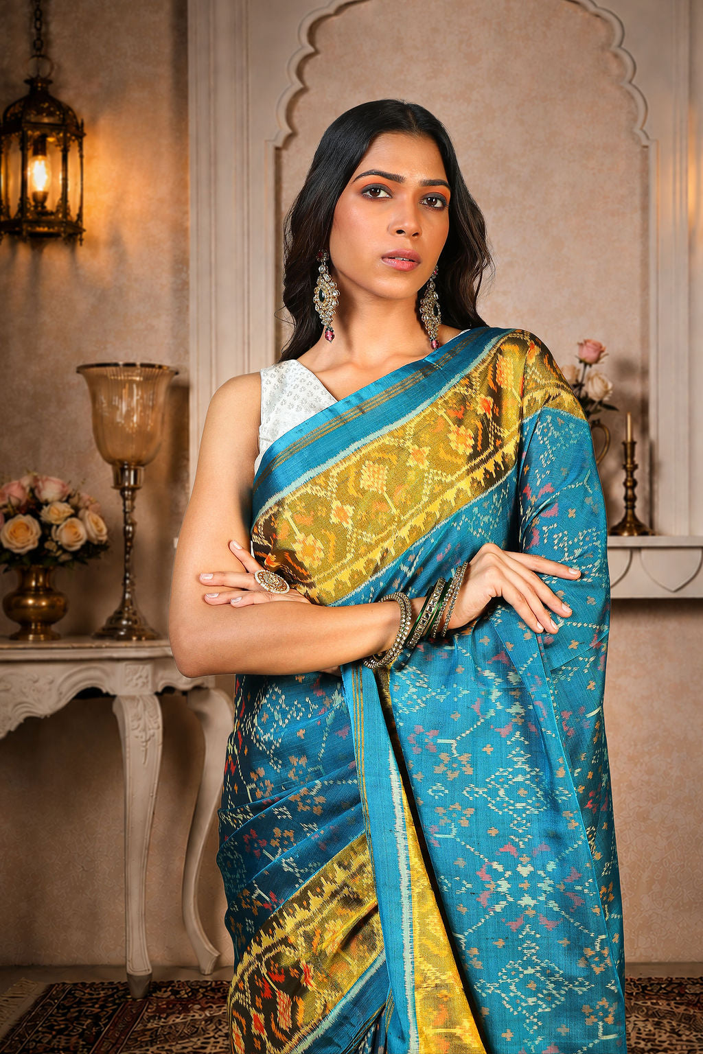 Naari Kunjar Thambli Patola Saree, Mulberry Silk, Color-Teal