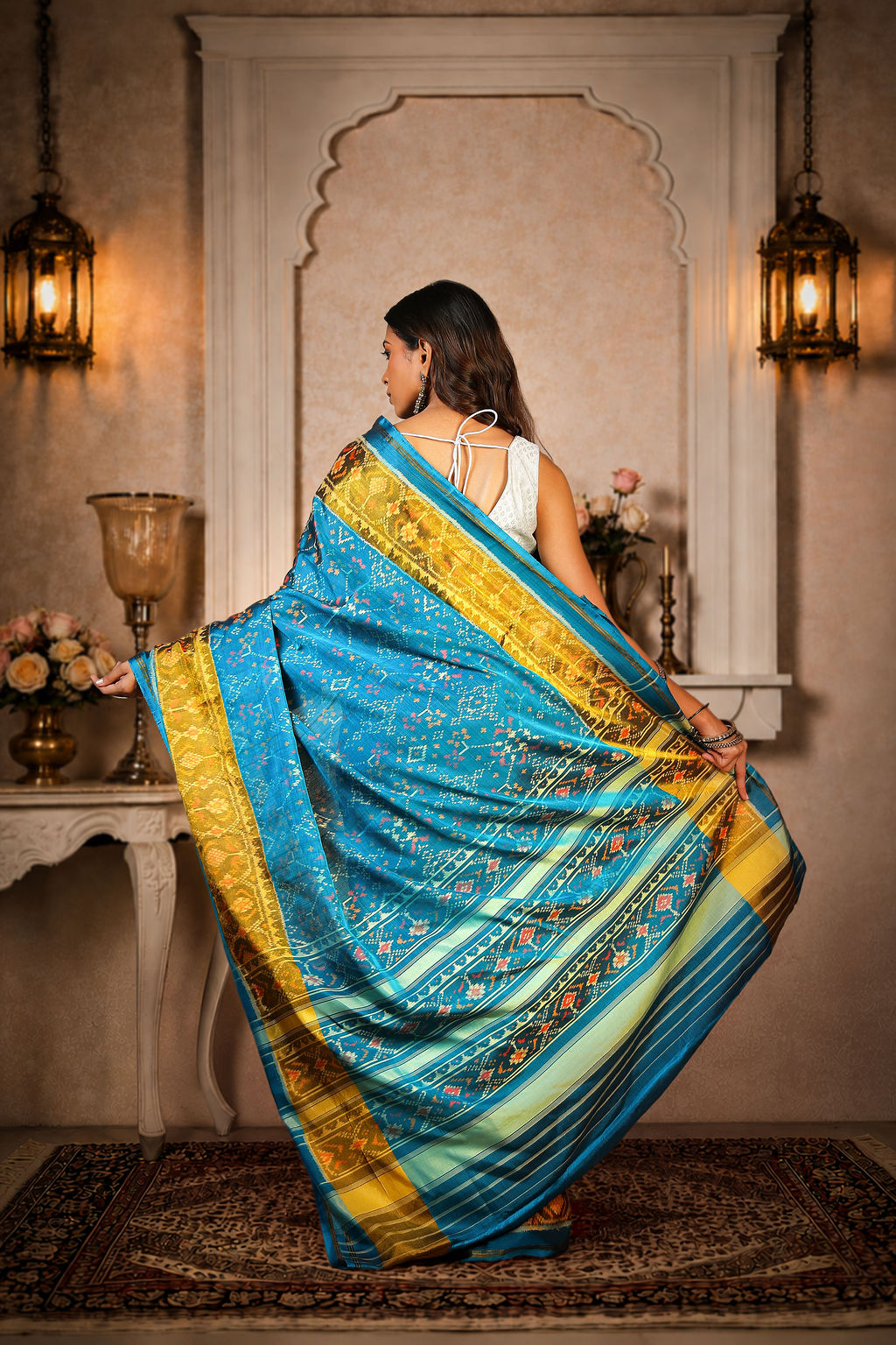 Naari Kunjar Thambli Patola Saree, Mulberry Silk, Color-Teal