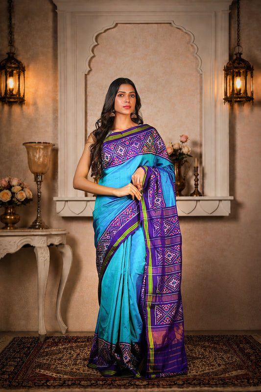 Plain Gada Border Patola Saree, Mulberry Silk, Color-Blue/Purple