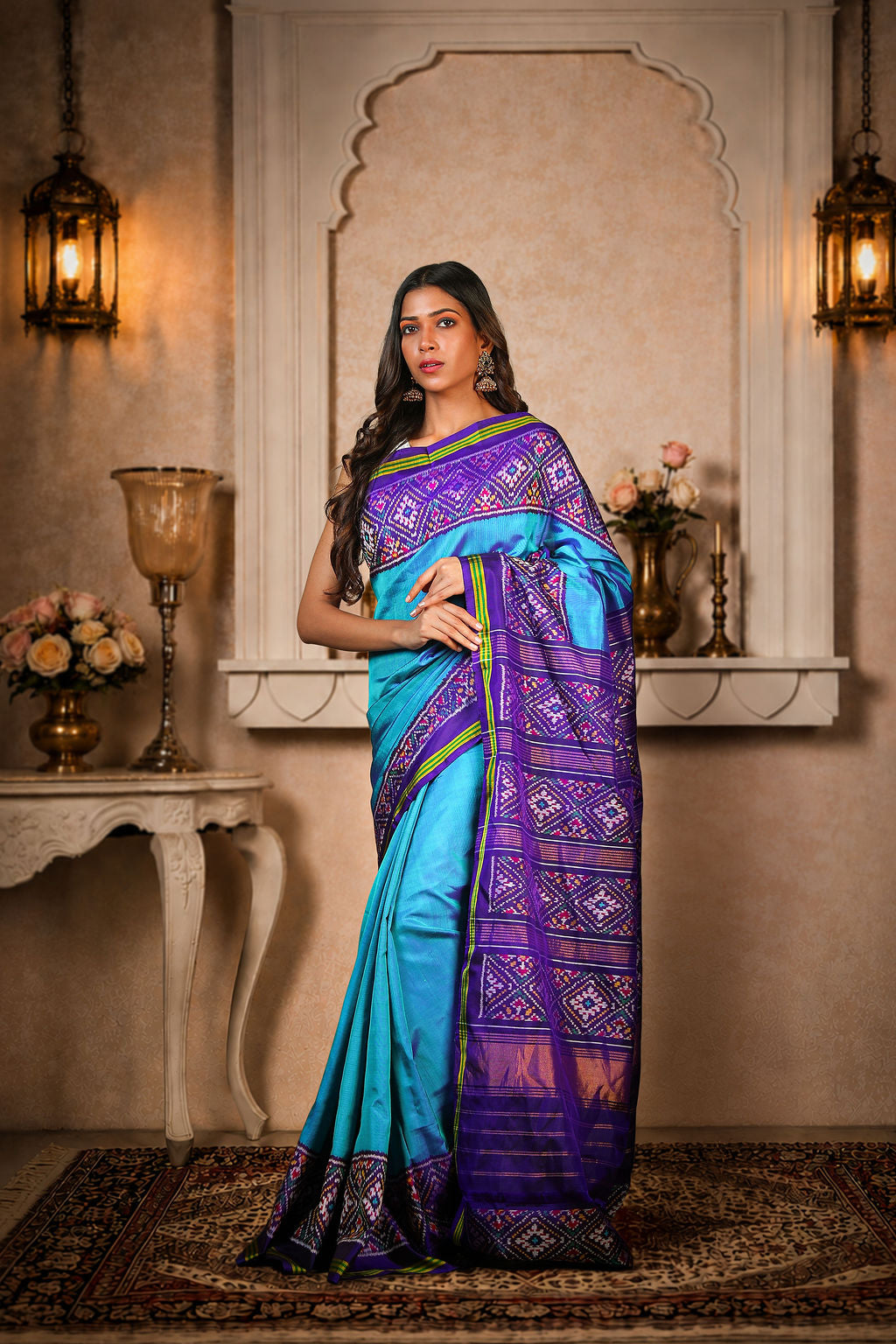 Plain Gada Border Patola Saree, Mulberry Silk, Color-Blue/Purple
