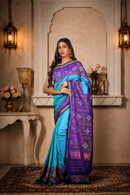 Plain Gada Border Patola Saree, Mulberry Silk, Color-Blue/Purple