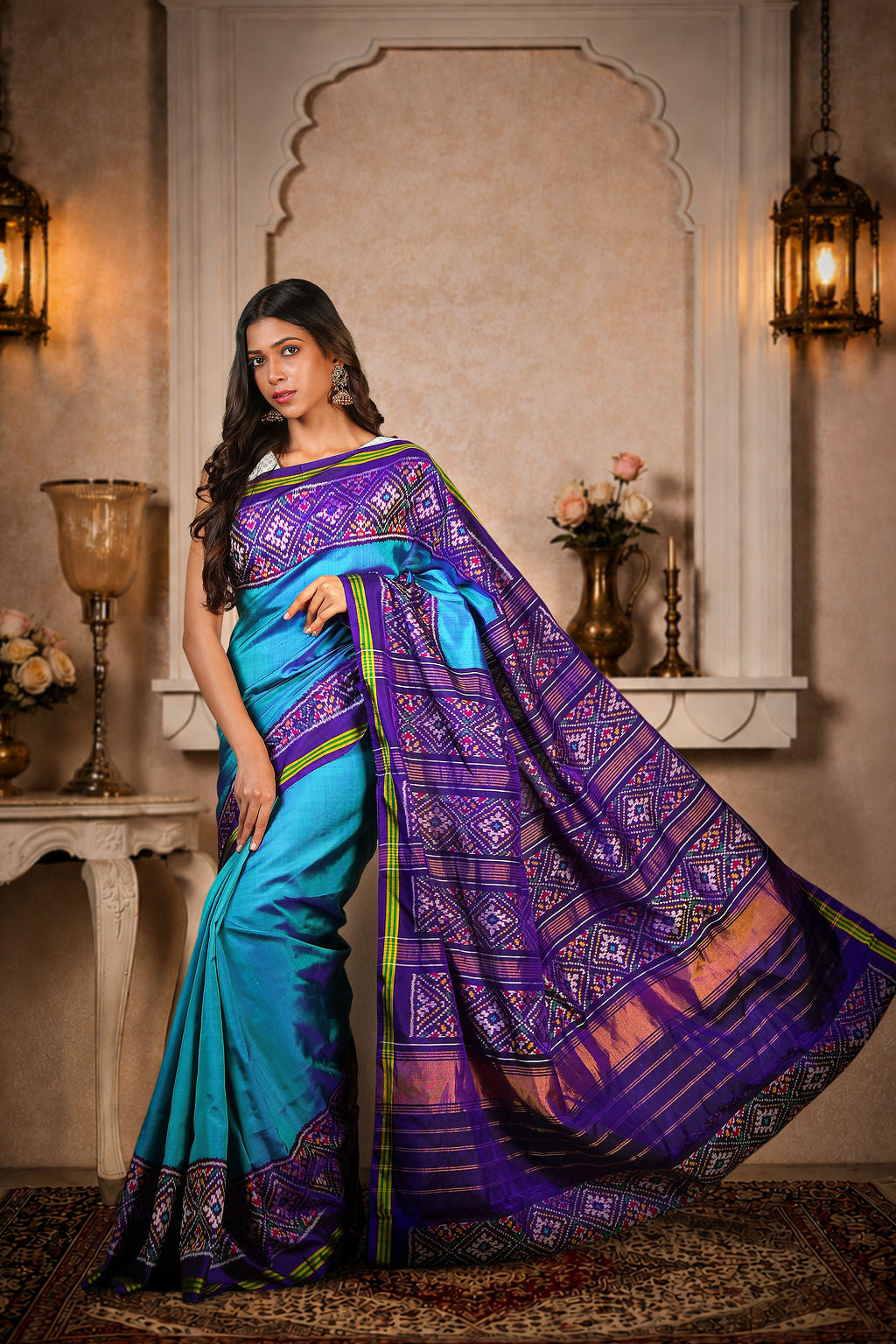 Plain Gada Border Patola Saree, Mulberry Silk, Color-Blue/Purple