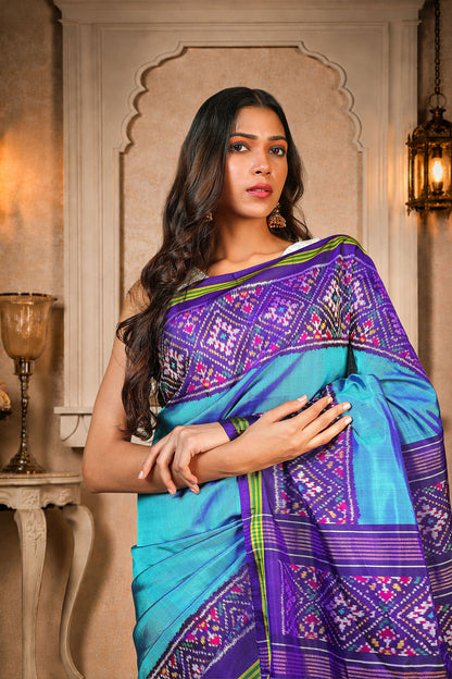 Plain Gada Border Patola Saree, Mulberry Silk, Color-Blue/Purple