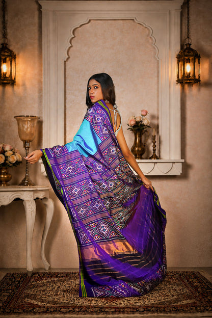 Plain Gada Border Patola Saree, Mulberry Silk, Color-Blue/Purple
