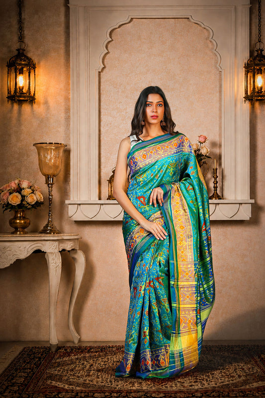 Navratna Patola Saree, Mulberry Silk, Color-Turquoise