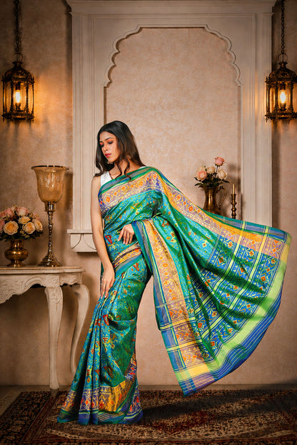 Navratna Patola Saree, Mulberry Silk, Color-Turquoise
