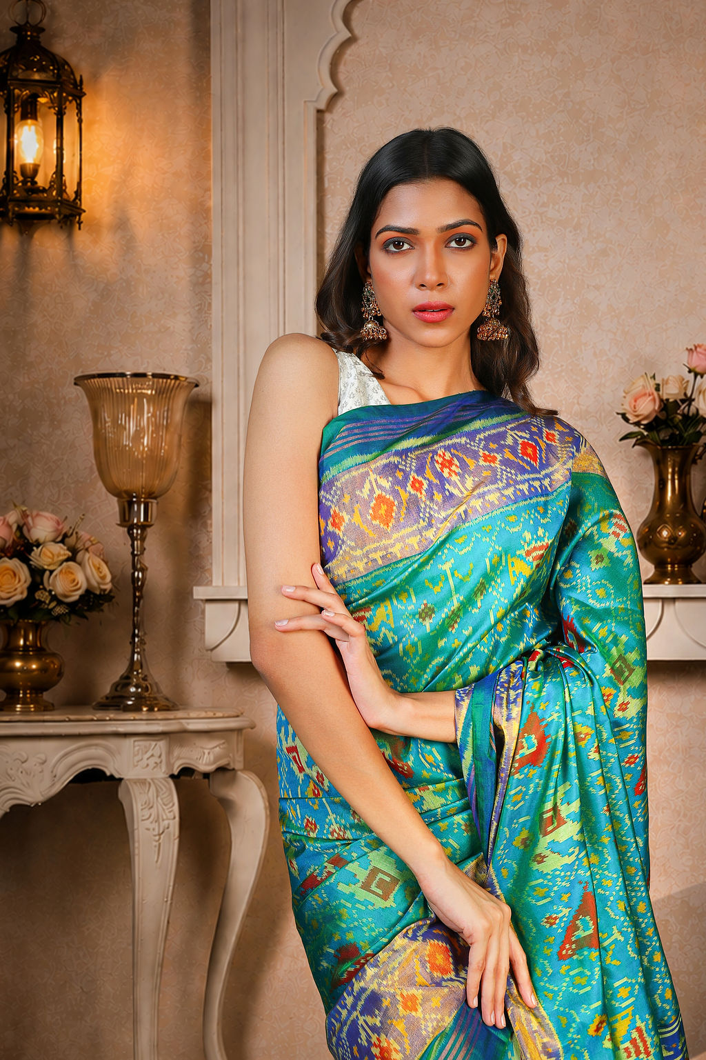 Navratna Patola Saree, Mulberry Silk, Color-Turquoise