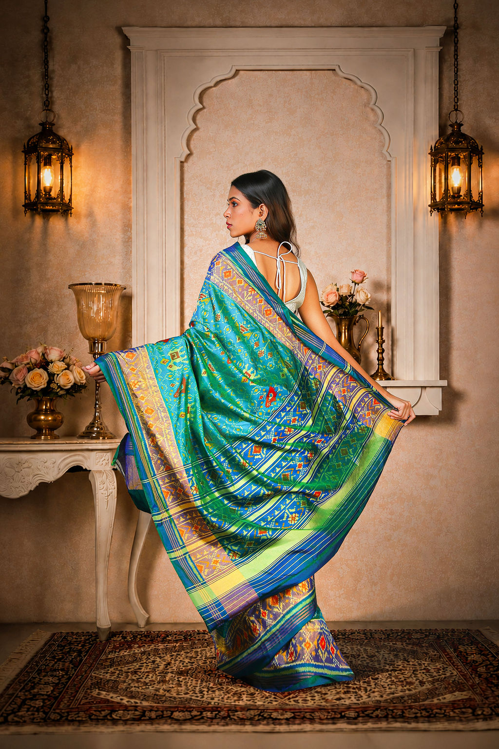 Navratna Patola Saree, Mulberry Silk, Color-Turquoise