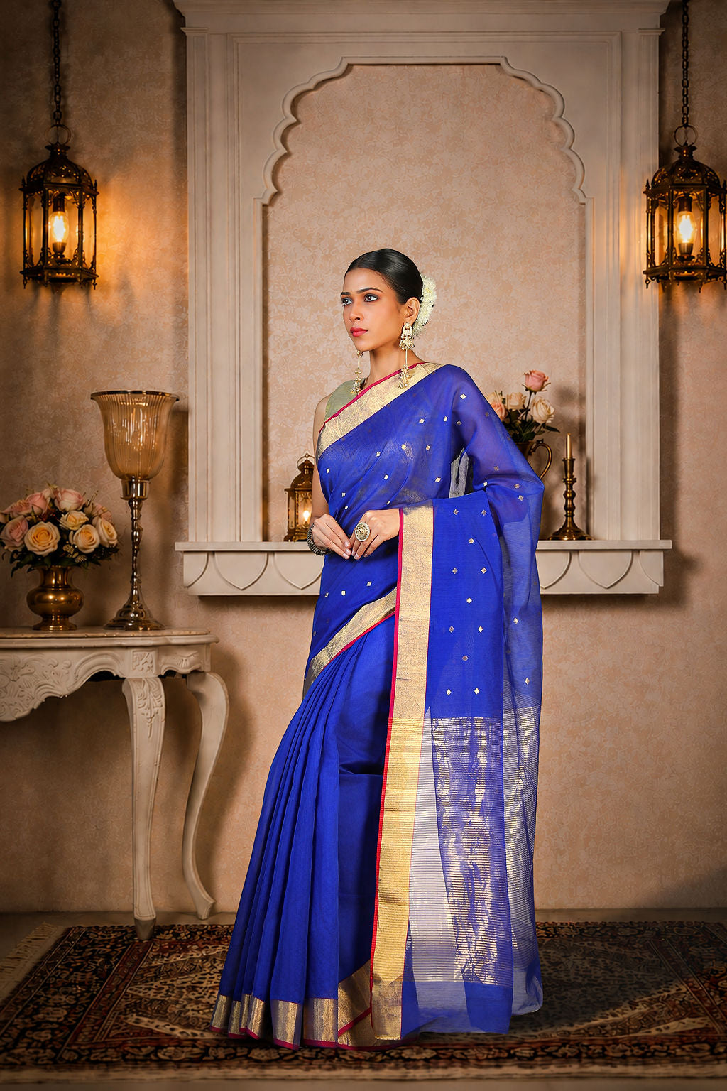 Royal blue Chanderi Saree with all over Golden zari work, Cotton/Silk