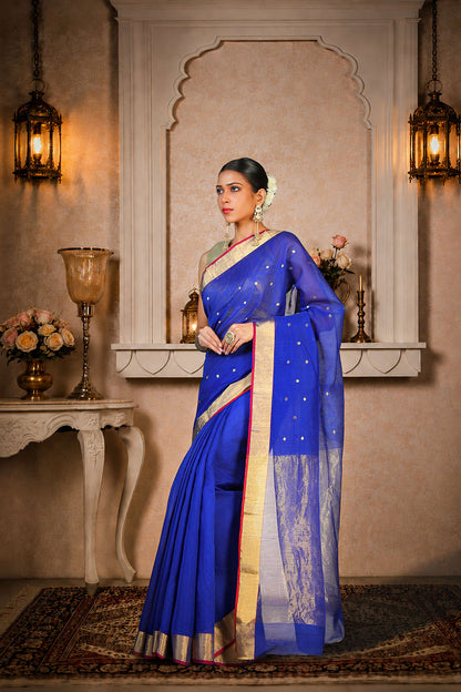 Royal blue Chanderi Saree with all over Golden zari work, Cotton/Silk