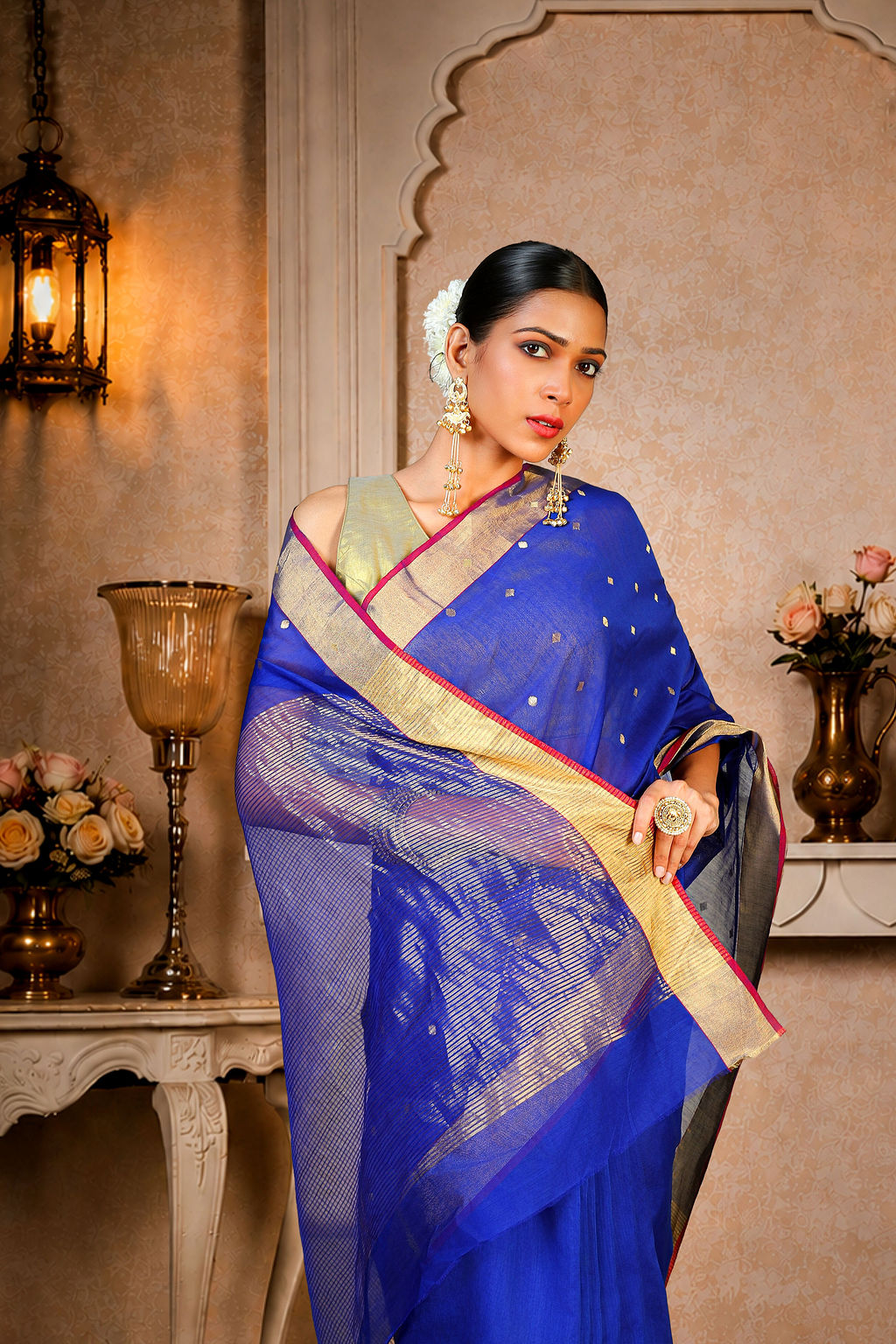 Royal blue Chanderi Saree with all over Golden zari work, Cotton/Silk