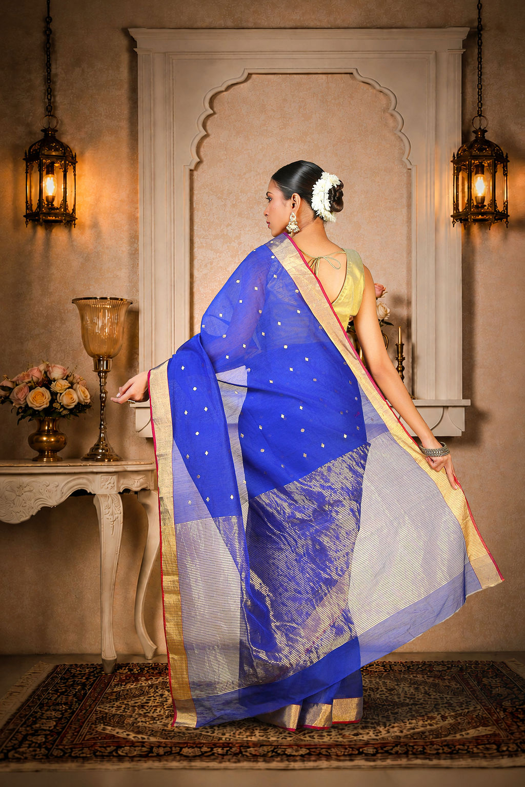 Royal blue Chanderi Saree with all over Golden zari work, Cotton/Silk