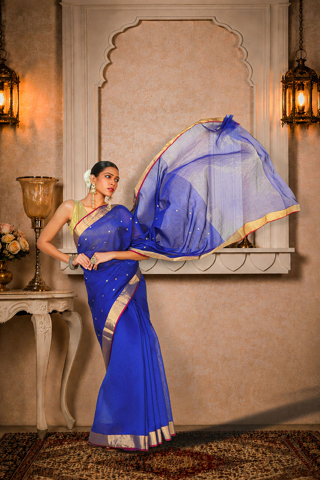 Royal blue Chanderi Saree with all over Golden zari work, Cotton/Silk