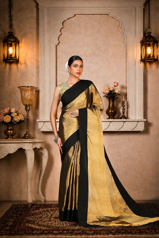 Black and golden zari plain saree, Cotton/Silk