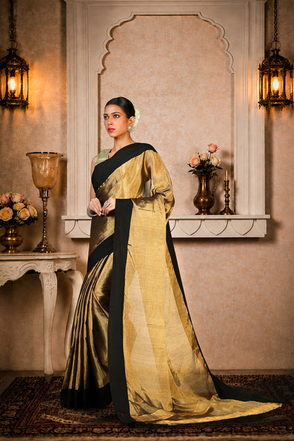 Black and golden zari plain saree, Cotton/Silk