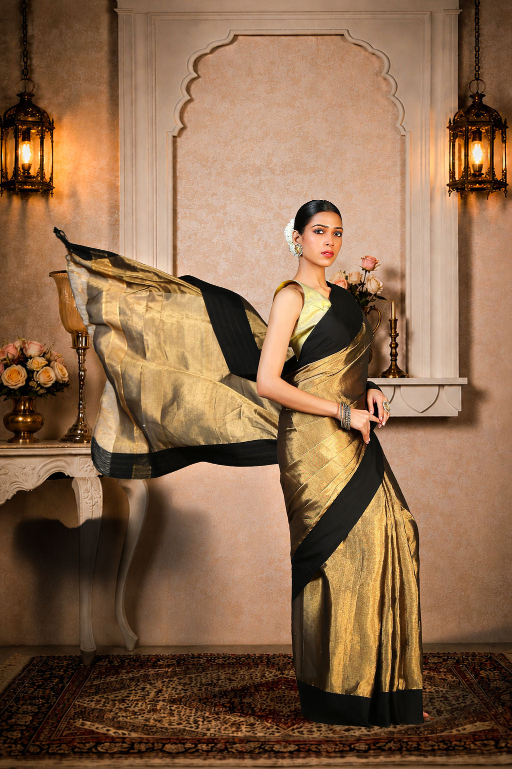 Black and golden zari plain saree, Cotton/Silk